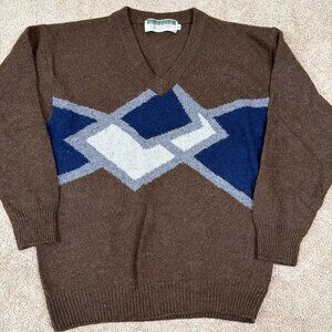 Private Collection Sweater Womens M Brown Blue Geometric Vintage Shetland Wool